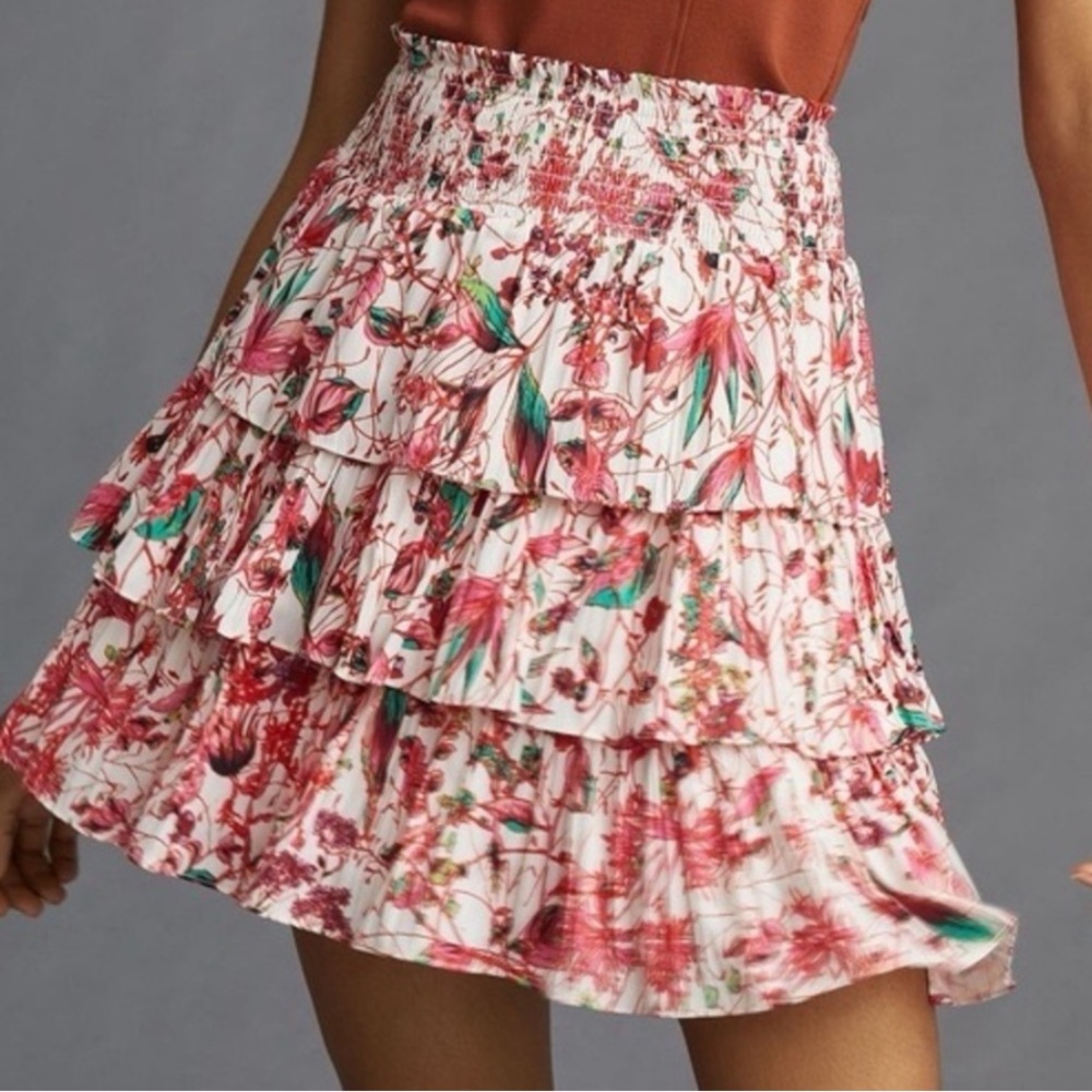 Anthropologie Tiered Ruffle Mini Skirt Large Red Floral Smocked Boho Cottagecore